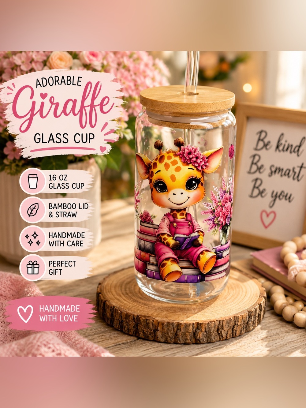 Cute Giraffe 16 oz Glass Can Cup | Pink Floral Giraffe Tumbler